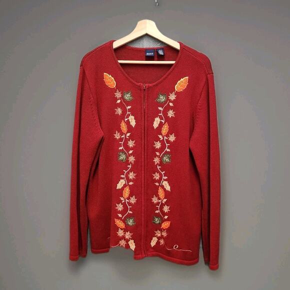 Basic Edition 1X Rusty Red Full-Zip Cotton Sweater Cardigan Fall Leaves Design - Picture 1 of 4